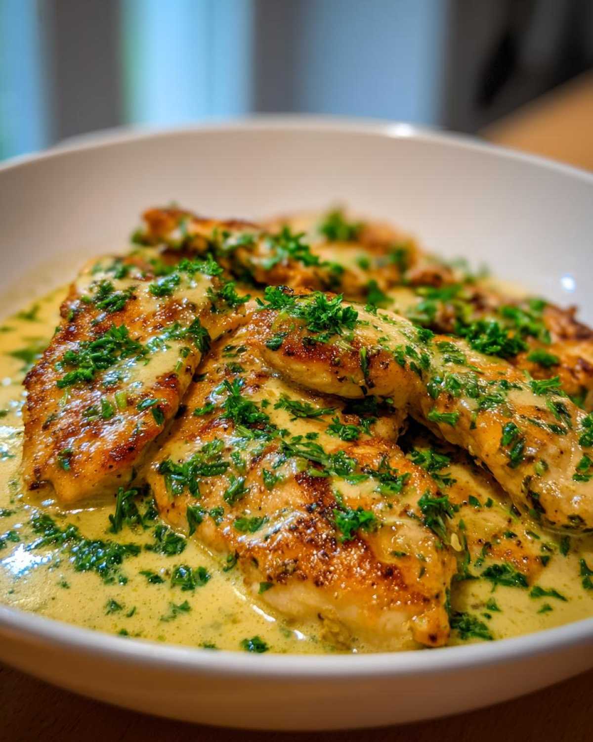 Close-up of seared chicken breasts covered in a rich, creamy lemon garlic sauce and fresh parsley.