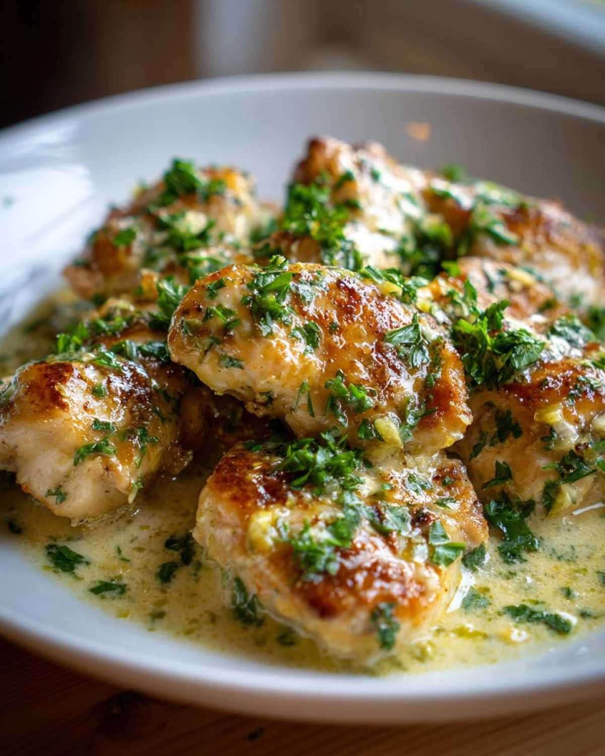 Close-up of golden-brown chicken pieces covered in a creamy lemon garlic sauce and fresh parsley.