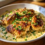 Four pieces of golden brown, crispy-edged chicken submerged in a rich, creamy lemon garlic sauce and topped with fresh parsley.