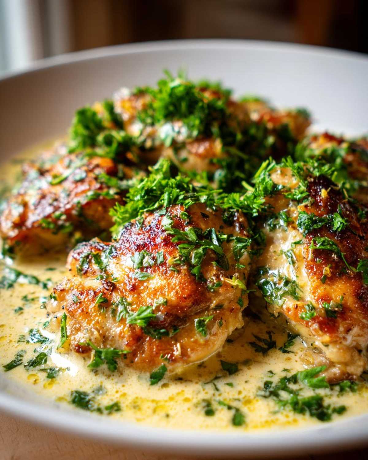 Close-up of crispy seared chicken thighs covered in a rich, creamy lemon garlic sauce and fresh parsley.