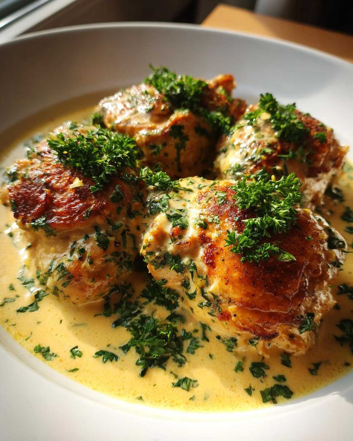 Four pieces of crispy-edged chicken bathed in a rich, creamy lemon garlic sauce and topped with fresh parsley.