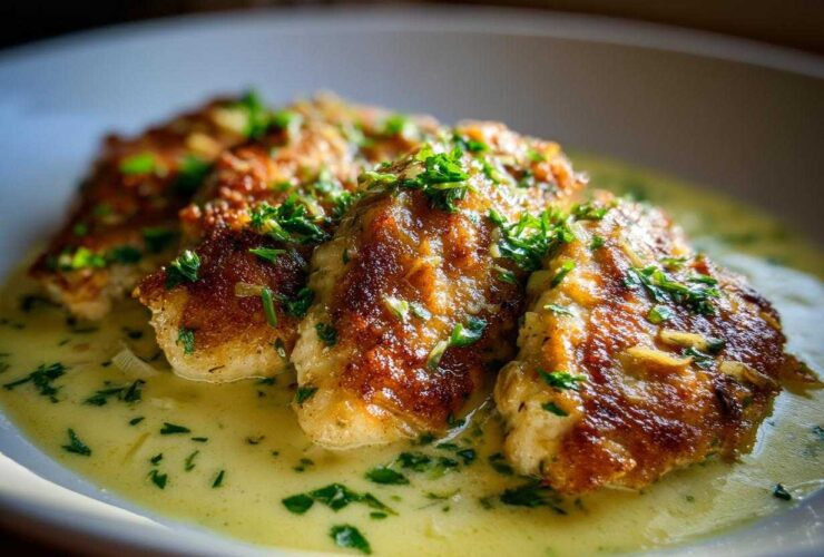 Three pieces of golden-brown, crispy-edged chicken resting in a pool of creamy lemon garlic sauce, garnished with fresh parsley.