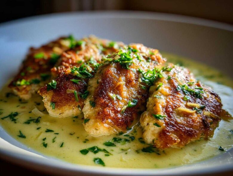 Three pieces of golden-brown, crispy-edged chicken resting in a pool of creamy lemon garlic sauce, garnished with fresh parsley.