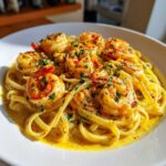 A close-up of Creamy Lemon Garlic Shrimp Pasta Fresh Taste, featuring plump shrimp over linguine in a rich sauce.