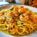 Close-up of a white plate featuring Creamy Lemon Garlic Shrimp Pasta, topped with plump shrimp and fresh parsley.