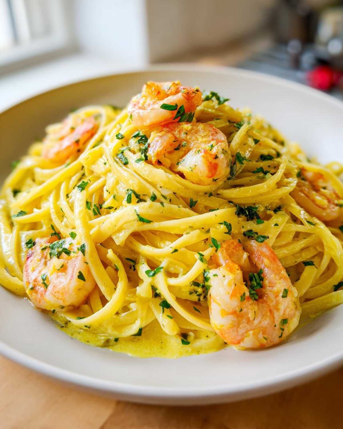 Close-up of Creamy Lemon Garlic Shrimp Pasta tossed in a rich sauce and topped with sautéed shrimp and fresh parsley.