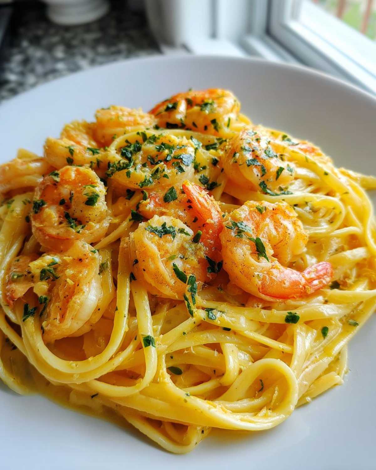 Close-up of Creamy Lemon Garlic Shrimp Pasta topped with bright green parsley.