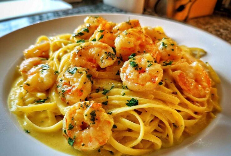 Close-up of a white plate featuring Creamy Lemon Garlic Shrimp Pasta, topped with plump shrimp and fresh parsley.