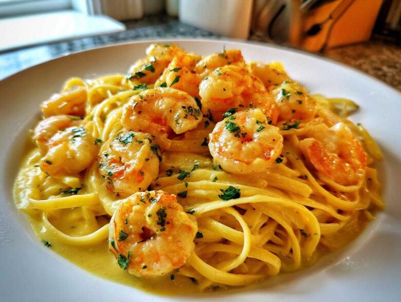 Close-up of a white plate featuring Creamy Lemon Garlic Shrimp Pasta, topped with plump shrimp and fresh parsley.