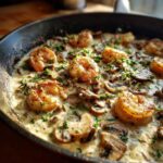 Close-up of Creamy Mushroom Alfredo Shrimp Skillet with seared shrimp and sliced mushrooms in a rich sauce, topped with parsley.