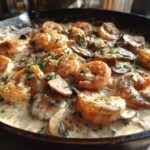 Close-up of shrimp and sliced mushrooms coated in a rich, creamy sauce in a Creamy Mushroom Alfredo Shrimp Skillet.