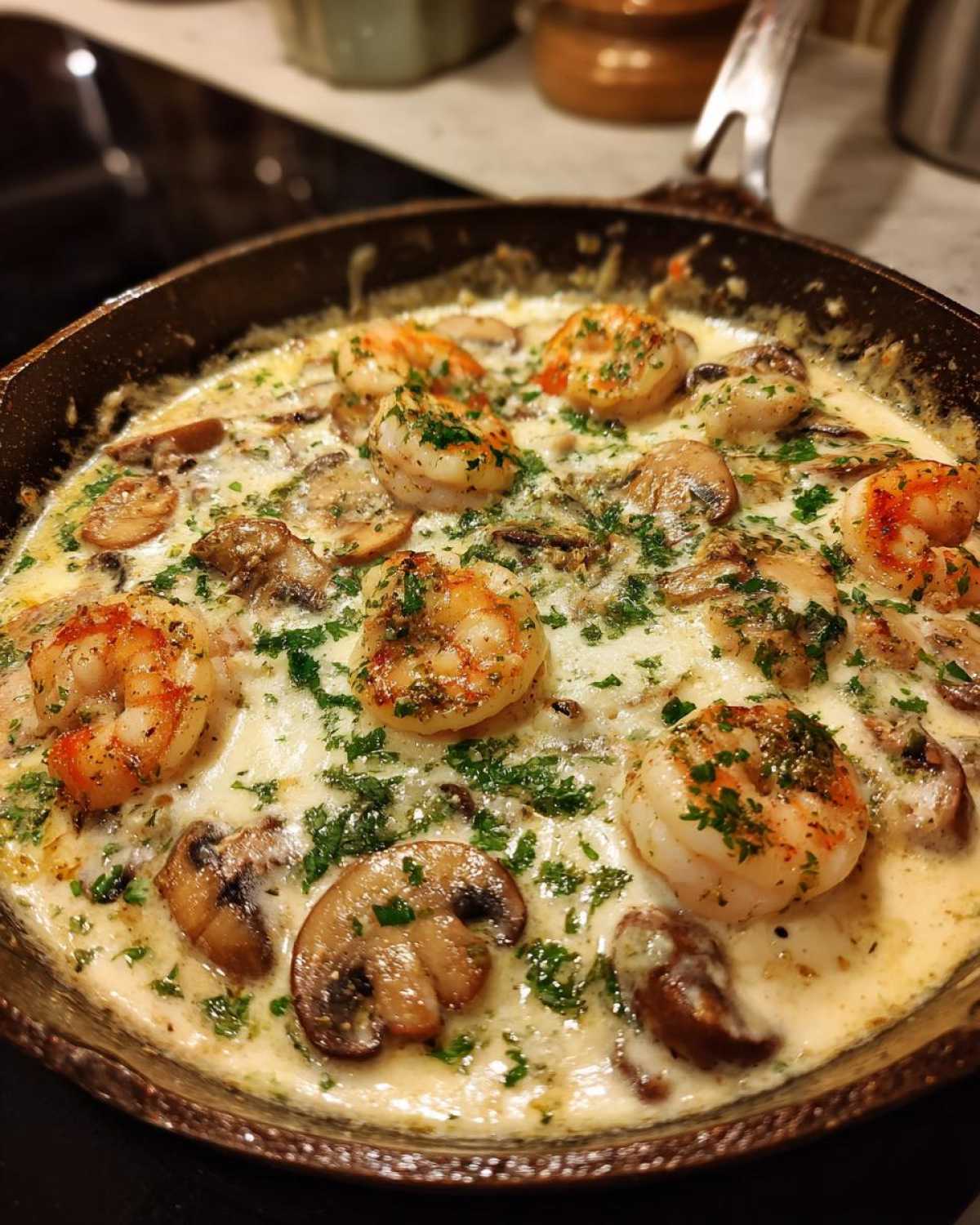 Close-up of Creamy Mushroom Alfredo Shrimp Skillet garnished with parsley in a cast iron pan.