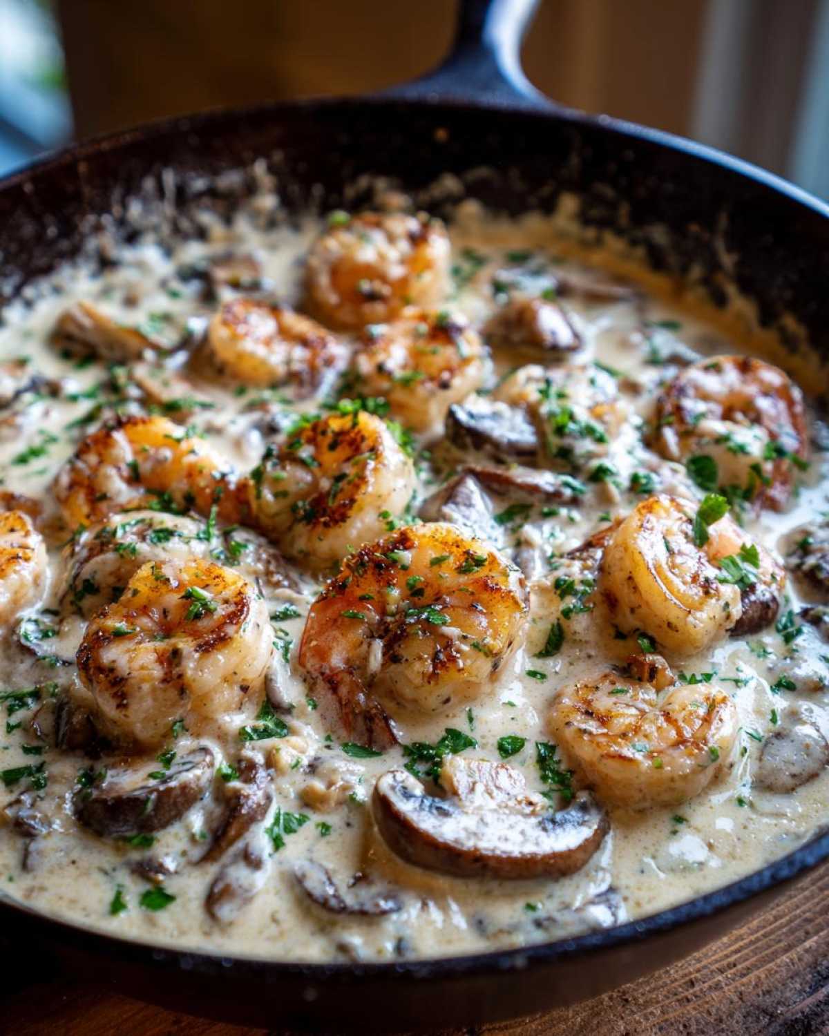 Close-up of perfectly seared shrimp and sliced mushrooms in a rich, creamy sauce in a cast iron skillet, part of the Creamy Mushroom Alfredo Shrimp Skillet.