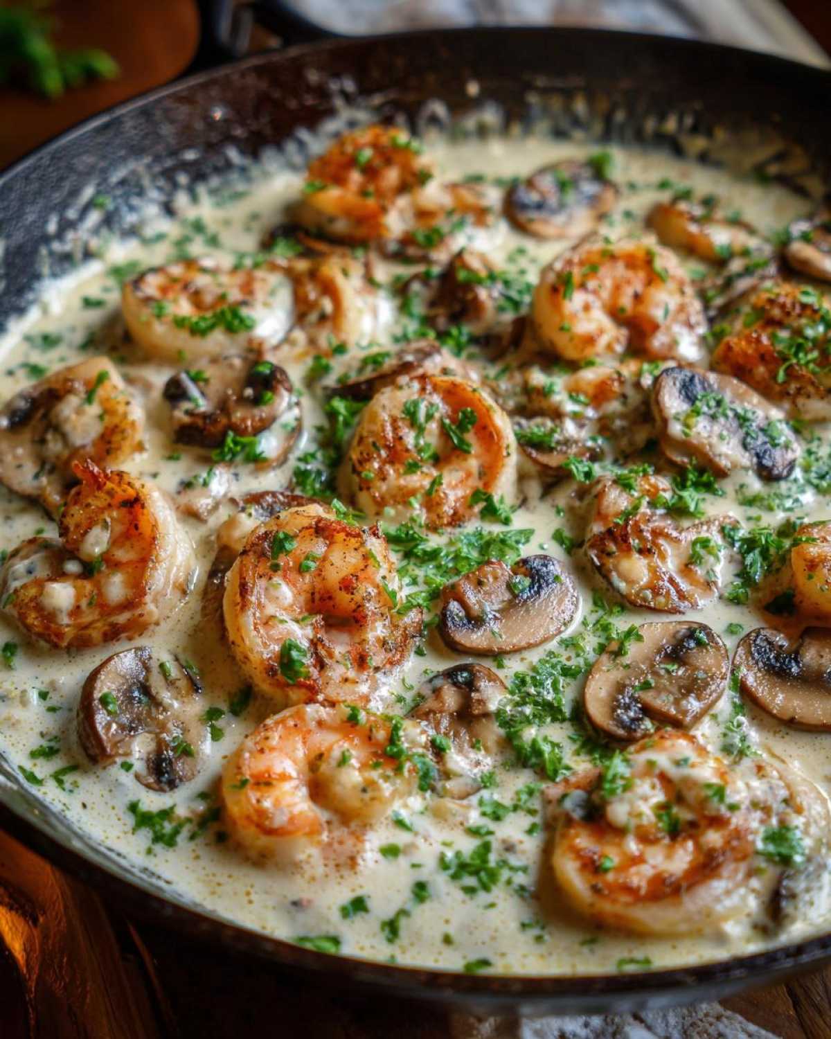 Close-up of seared shrimp and sliced mushrooms in a rich, creamy sauce, garnished with parsley, from the Creamy Mushroom Alfredo Shrimp Skillet.