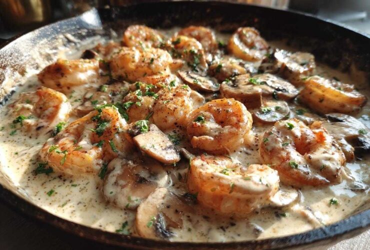 Close-up of shrimp and sliced mushrooms coated in a rich, creamy sauce in a Creamy Mushroom Alfredo Shrimp Skillet.