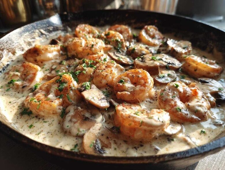Close-up of shrimp and sliced mushrooms coated in a rich, creamy sauce in a Creamy Mushroom Alfredo Shrimp Skillet.