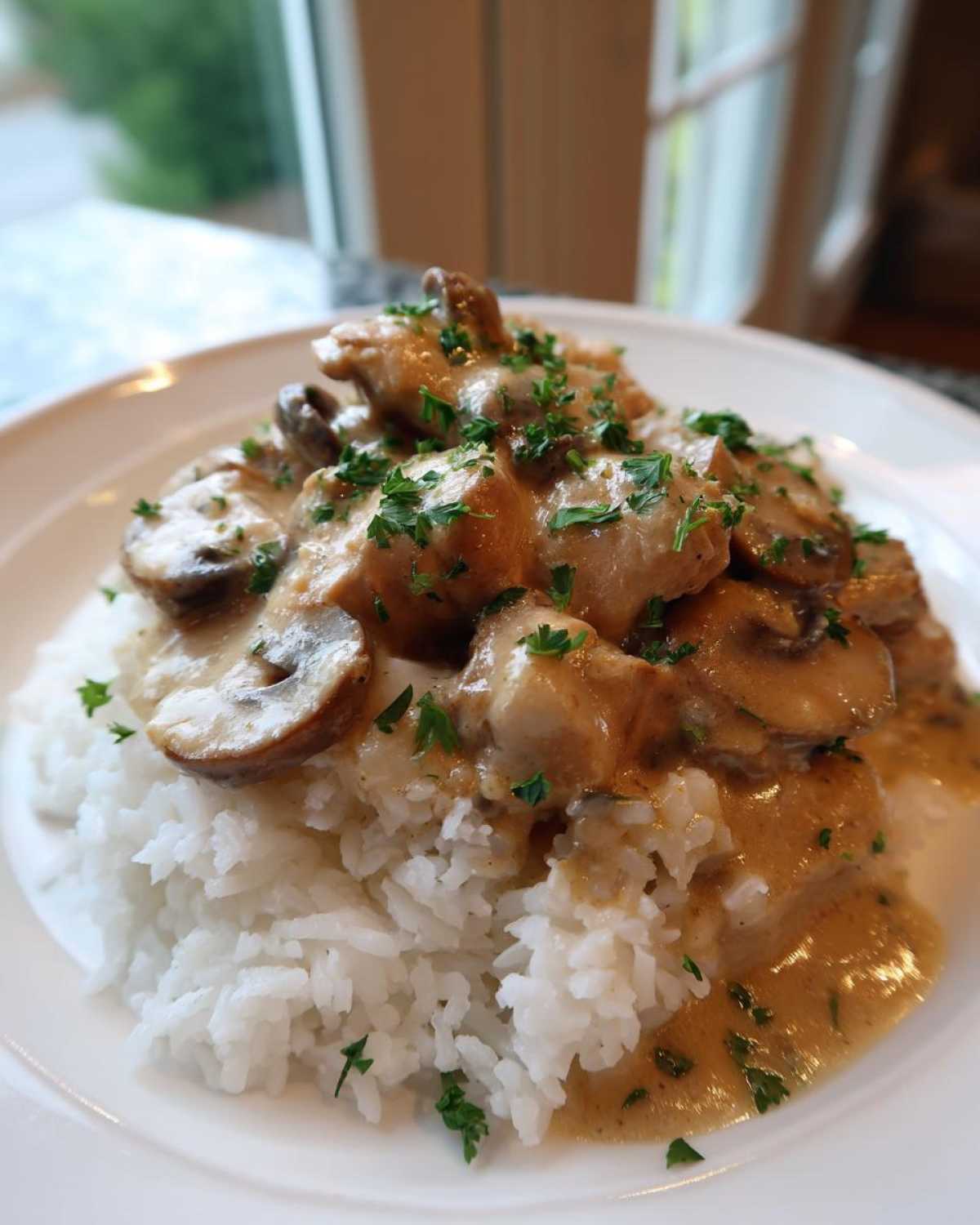 A serving of Creamy Mushroom Chicken and Rice Skillet, featuring chicken and mushrooms in a rich sauce over white rice, garnished with parsley.
