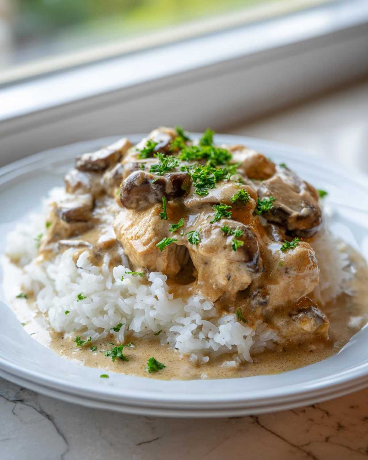 A close-up of creamy mushroom chicken served over white rice, garnished with fresh parsley, representing the Creamy Mushroom Chicken and Rice Skillet.