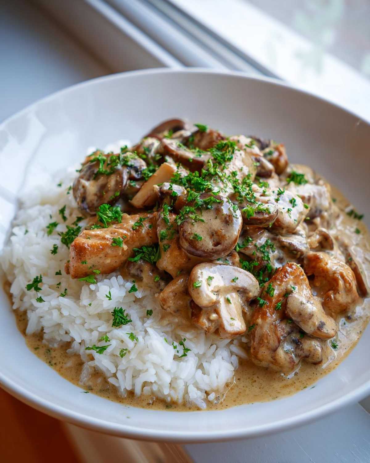 A white bowl filled with fluffy white rice topped with tender chicken pieces and sliced mushrooms in a rich, creamy sauce, garnished with parsley for the Creamy Mushroom Chicken and Rice Skillet.