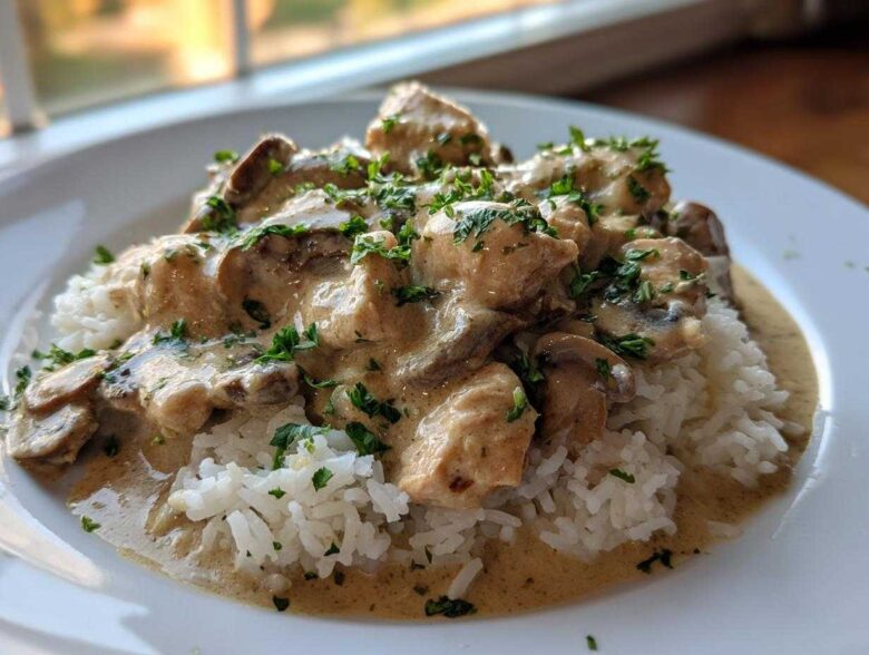 A close-up of Creamy Mushroom Chicken and Rice Skillet served over white rice, topped with fresh parsley.