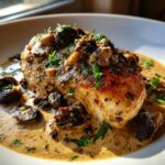 A close-up of a pan-seared chicken breast smothered in a rich, creamy mushroom sauce and garnished with fresh parsley.