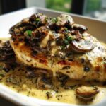 A perfectly cooked chicken breast smothered in a rich, creamy mushroom sauce and garnished with fresh parsley.
