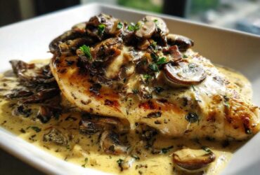 A perfectly cooked chicken breast smothered in a rich, creamy mushroom sauce and garnished with fresh parsley.