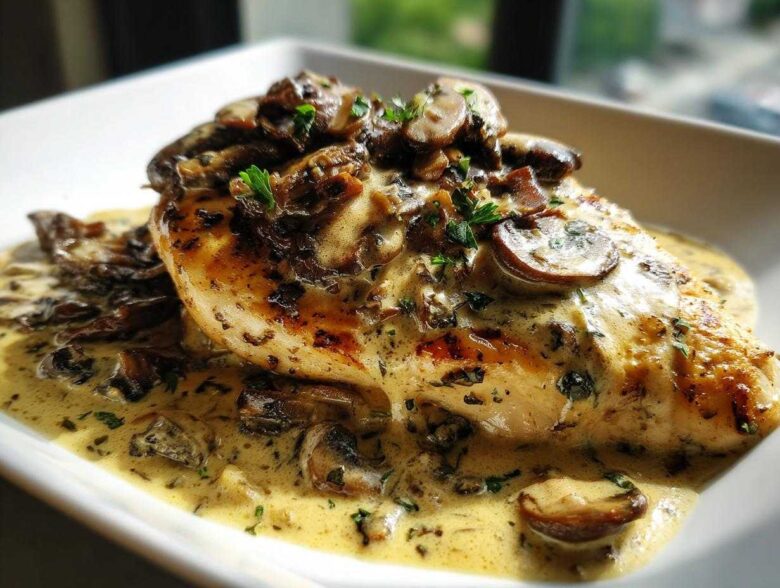 A perfectly cooked chicken breast smothered in a rich, creamy mushroom sauce and garnished with fresh parsley.