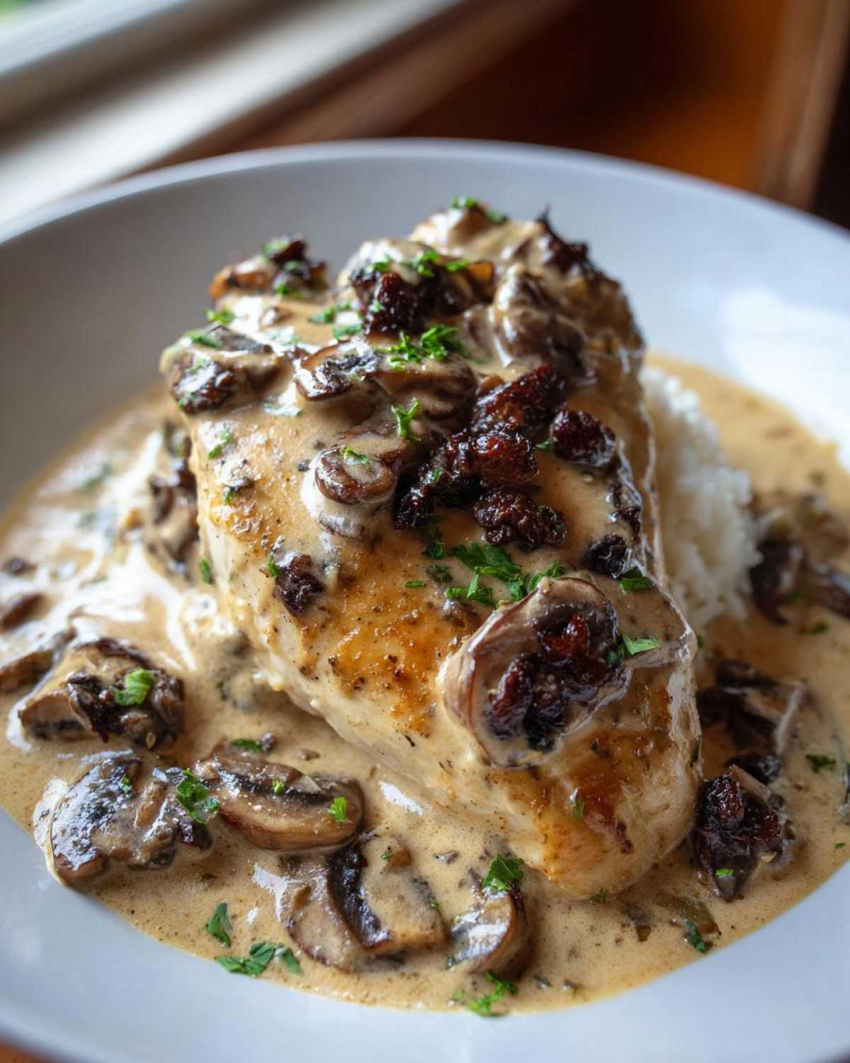 A perfectly cooked chicken breast smothered in creamy mushroom chicken with rich sauce, served over rice.