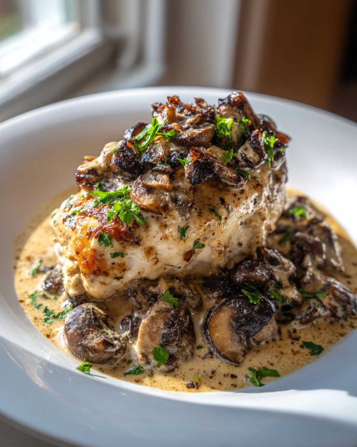 A perfectly seared chicken breast smothered in a rich sauce with sautéed mushrooms, ready to eat Creamy Mushroom Chicken.