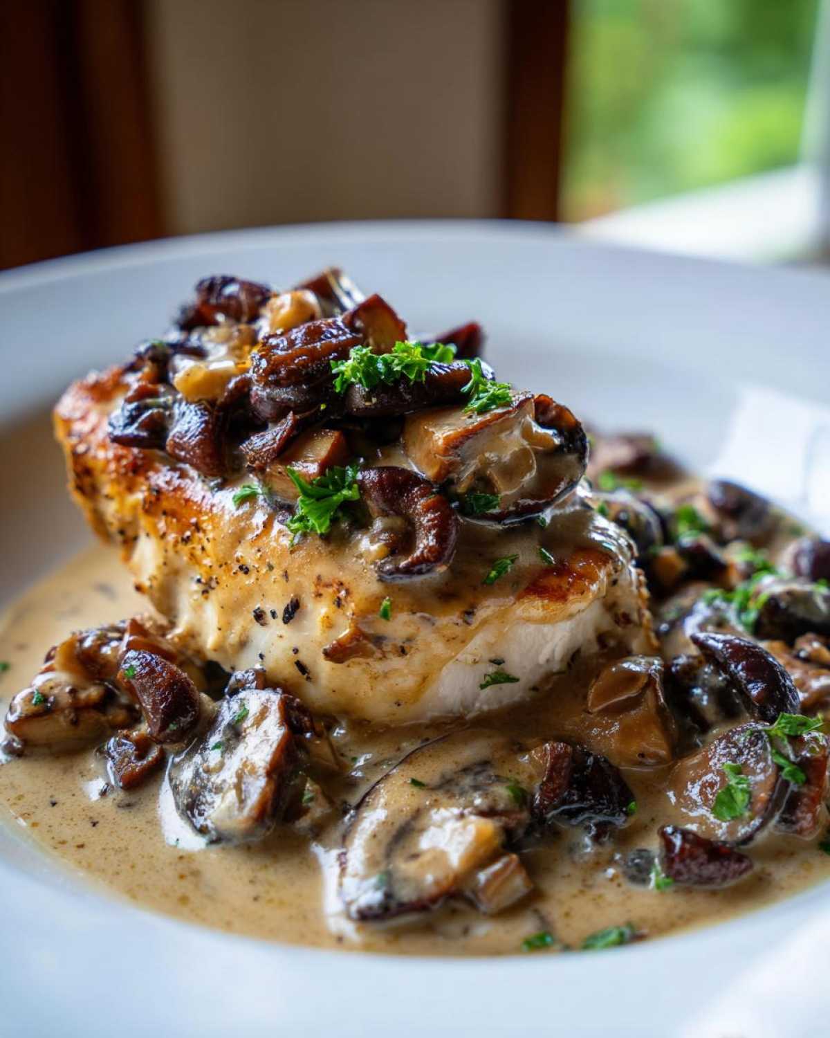 Close-up of a perfectly cooked chicken breast smothered in a rich sauce and sautéed mushrooms, representing Creamy Mushroom Chicken.