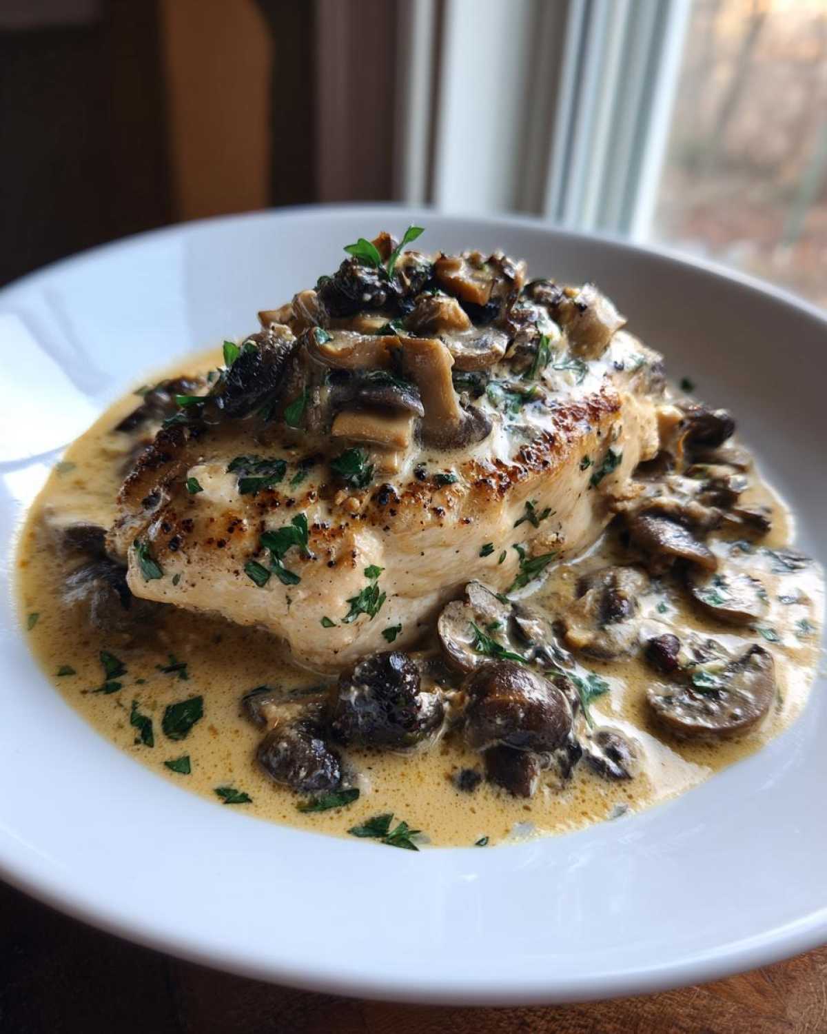A perfectly cooked chicken breast smothered in a rich sauce with sautéed mushrooms, part of the Creamy Mushroom Chicken recipe.