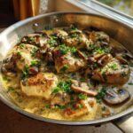 Golden seared chicken pieces simmering in a rich, creamy mushroom sauce, garnished with fresh parsley, ready for a Creamy Mushroom Chicken Skillet Easy Dinner.