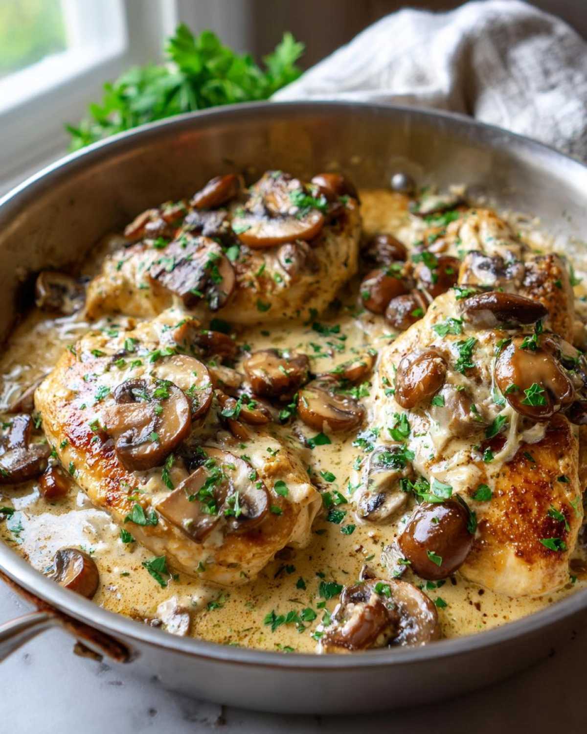 Three golden-brown chicken breasts smothered in a rich, creamy mushroom sauce and topped with fresh parsley in a stainless steel skillet.