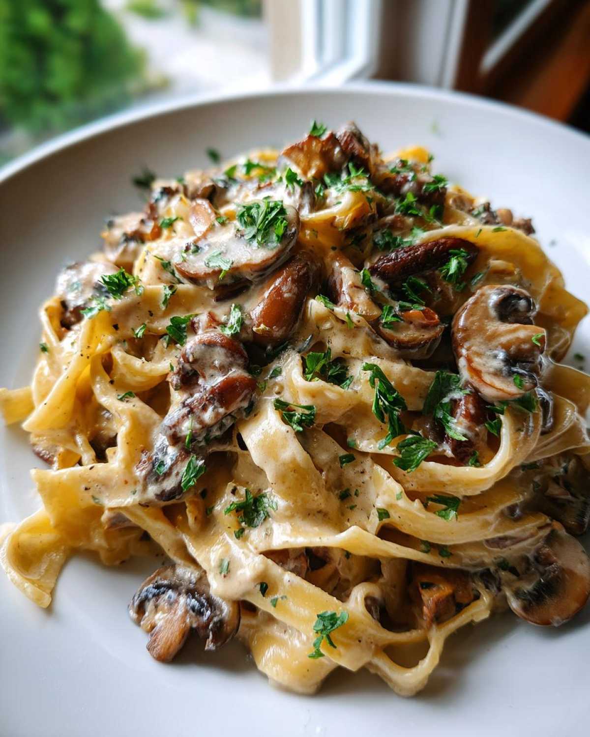 Close-up of rich Creamy Mushroom Pasta with Parmesan Sauce tossed with fettuccine and garnished with fresh parsley.