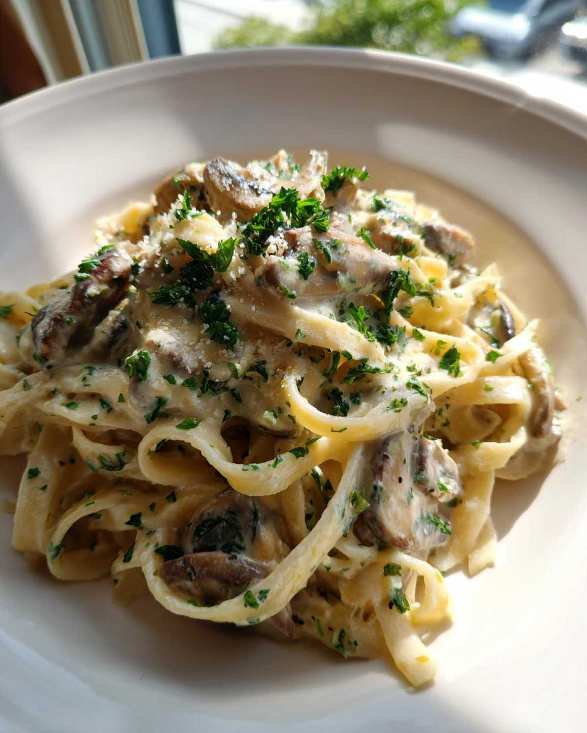 A close-up of fettuccine tossed in a rich, creamy mushroom pasta with parmesan sauce, topped with fresh parsley.