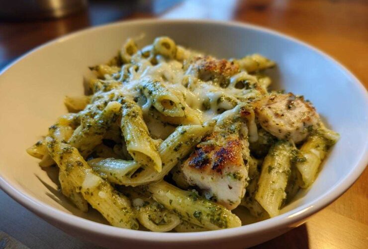 Close-up of Creamy Pesto Chicken Pasta with Mozzarella featuring penne pasta, grilled chicken pieces, and melted cheese.