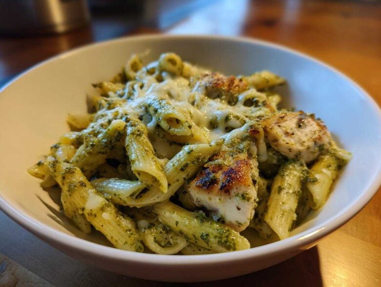 Close-up of Creamy Pesto Chicken Pasta with Mozzarella featuring penne pasta, grilled chicken pieces, and melted cheese.