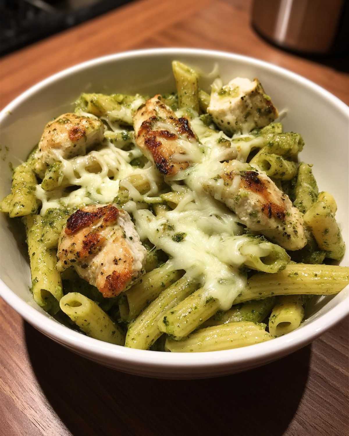 Close-up of Creamy Pesto Chicken Pasta with Mozzarella, featuring penne coated in green pesto and topped with grilled chicken pieces and melted cheese.