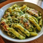 Close-up of a white bowl filled with Creamy Pesto Chicken Pasta with Mozzarella, featuring penne pasta and grilled chicken.