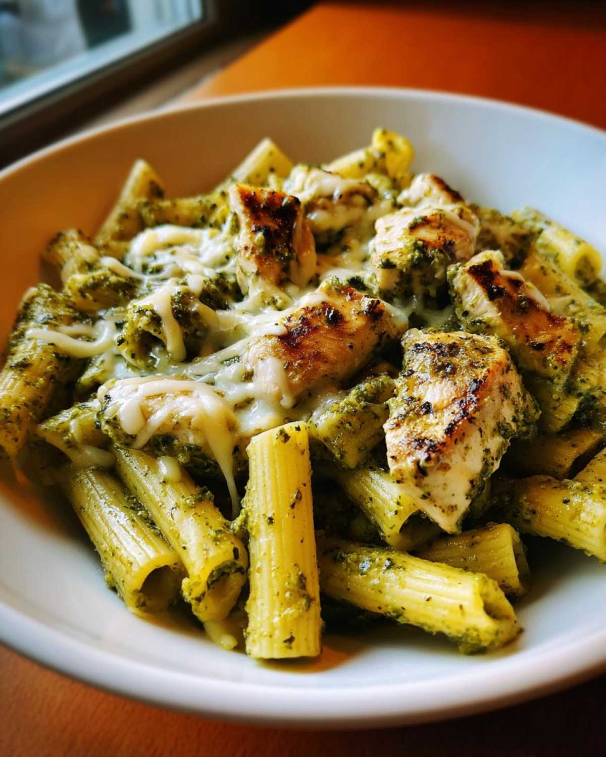 Close-up of Creamy Pesto Chicken Pasta with Mozzarella, featuring penne pasta, grilled chicken chunks, and melted cheese.