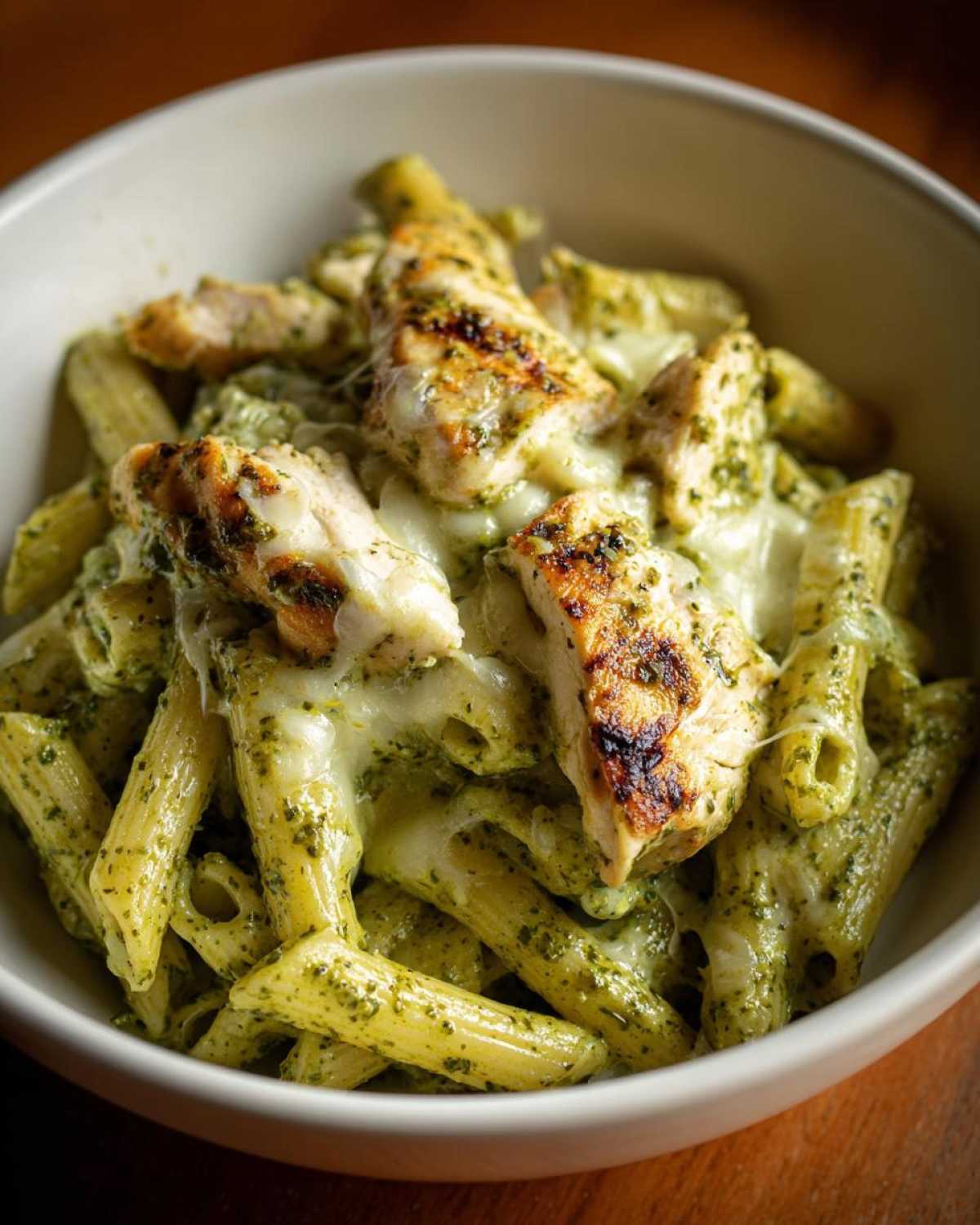 A close-up shot of penne pasta coated in creamy pesto sauce, topped with grilled chicken pieces and melted mozzarella cheese, served in a white bowl.
