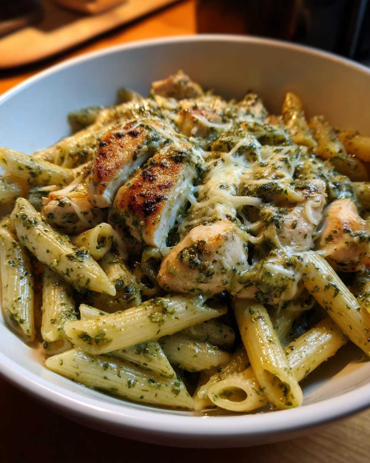 Close-up of a white bowl filled with Creamy Pesto Chicken Pasta with Mozzarella, featuring penne pasta and grilled chicken pieces.