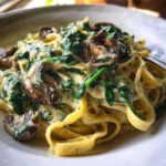 A close-up view of a bowl filled with creamy spinach and mushroom pasta dinner, featuring fettuccine coated in a rich sauce.