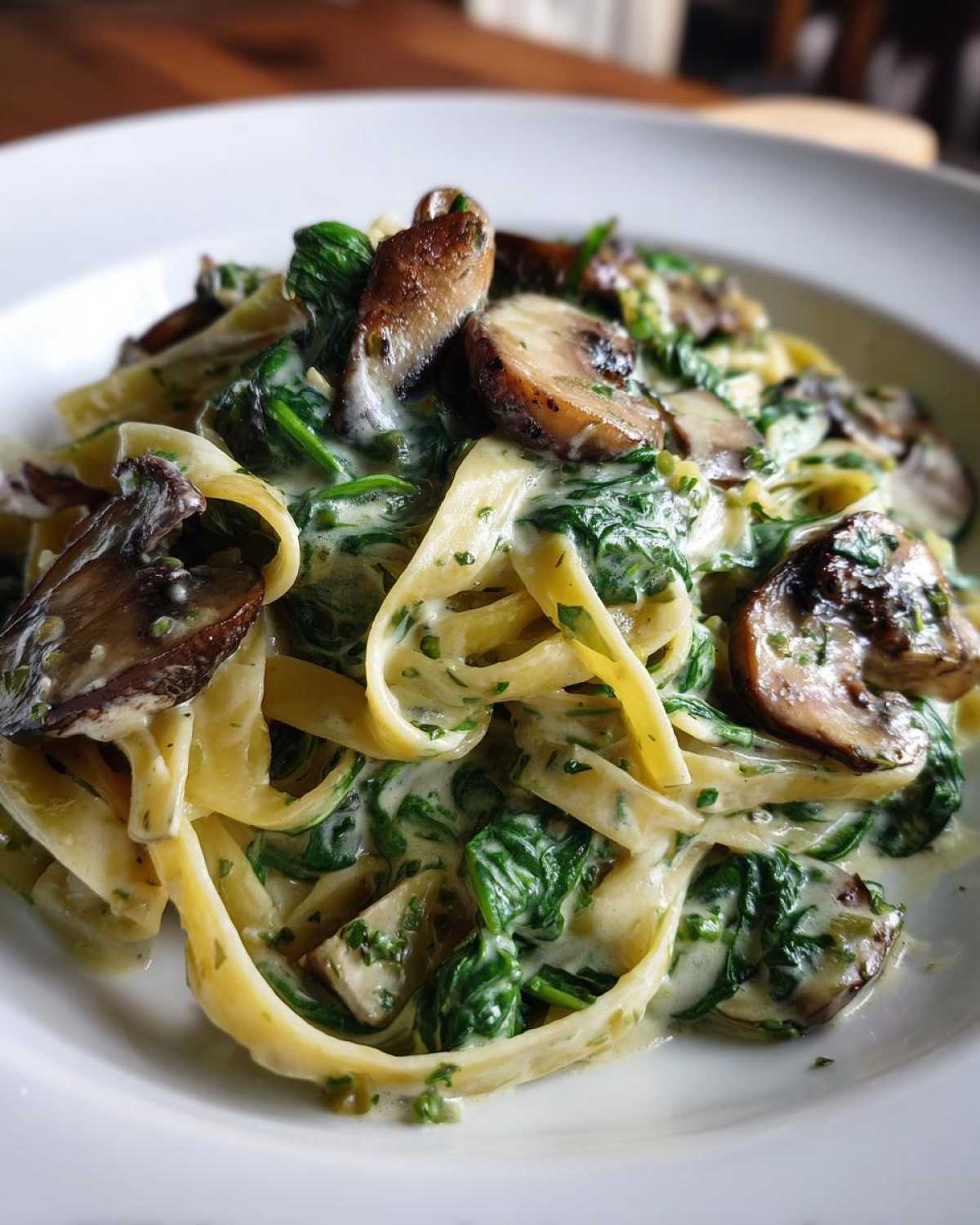 Close-up of fettuccine coated in a rich sauce with wilted spinach and sautéed mushrooms, showcasing the Creamy Spinach and Mushroom Pasta Dinner.