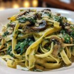 A close-up of fettuccine pasta tossed in a creamy sauce with sautéed mushrooms and wilted spinach, topped with Parmesan cheese for a Creamy Spinach and Mushroom Pasta Dinner.