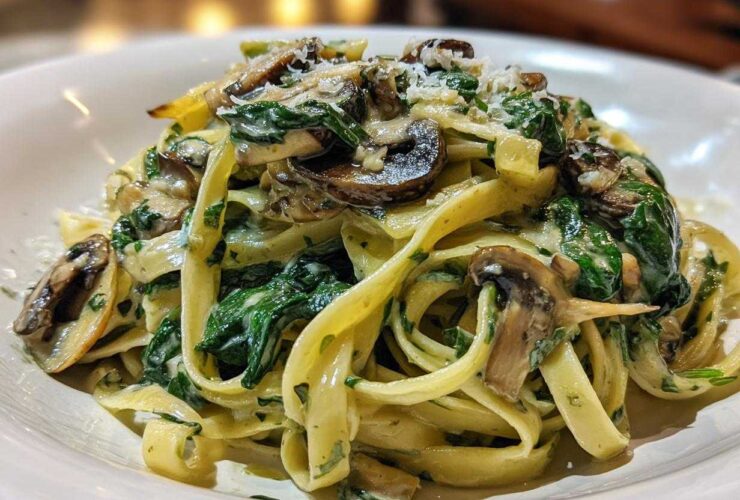 A close-up of fettuccine pasta tossed in a creamy sauce with sautéed mushrooms and wilted spinach, topped with Parmesan cheese for a Creamy Spinach and Mushroom Pasta Dinner.