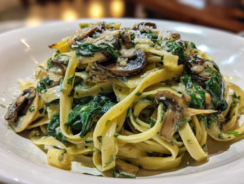 A close-up of fettuccine pasta tossed in a creamy sauce with sautéed mushrooms and wilted spinach, topped with Parmesan cheese for a Creamy Spinach and Mushroom Pasta Dinner.