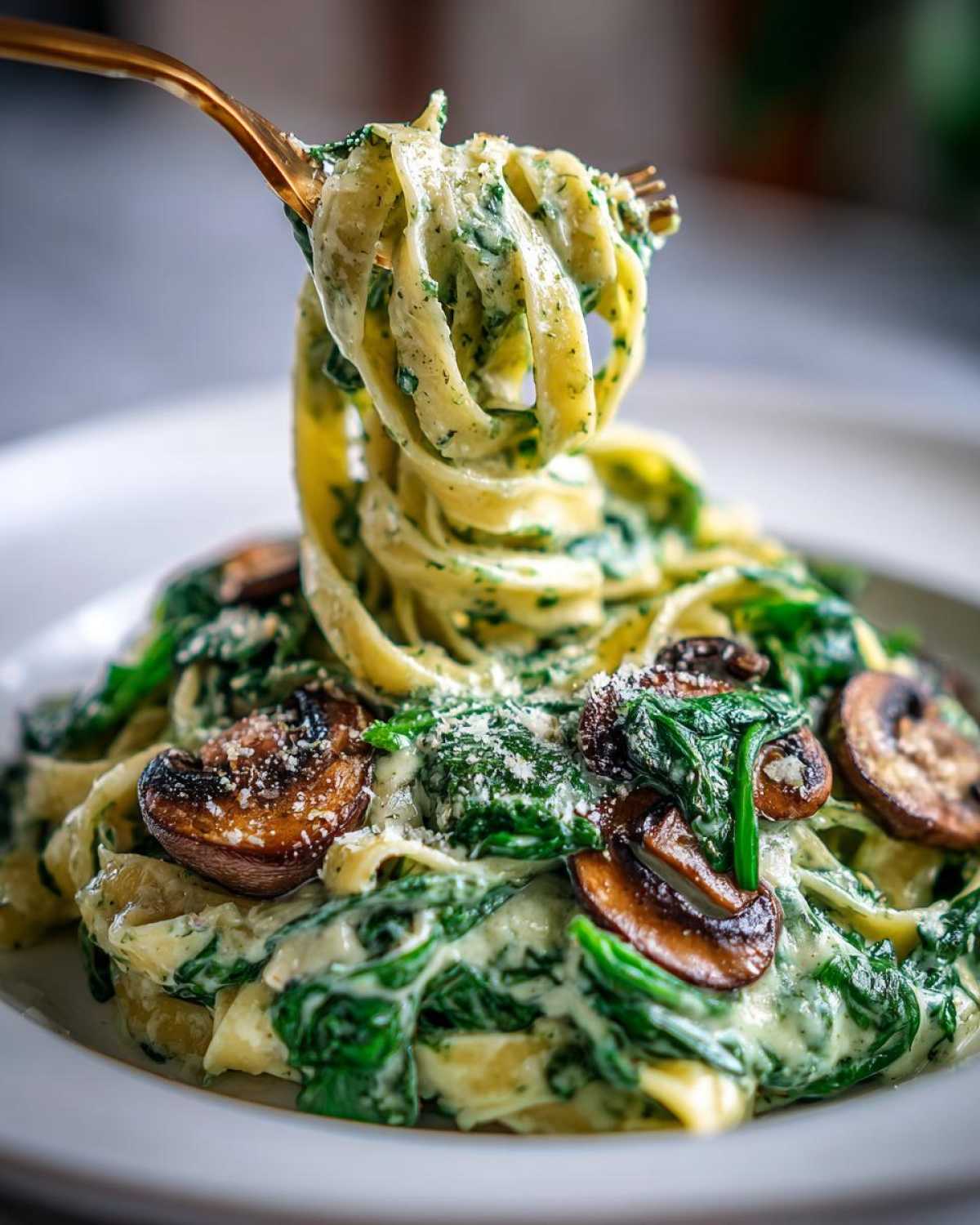 A fork lifts fettuccine coated in creamy sauce, spinach, and mushrooms from a plate of Creamy Spinach and Mushroom Pasta Dinner.