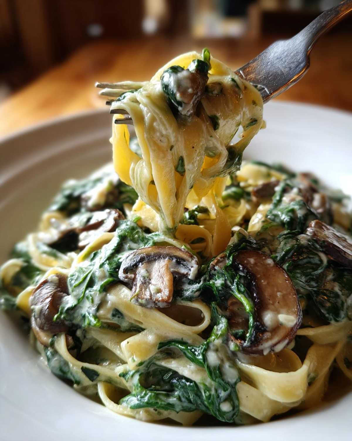 A fork lifting fettuccine coated in creamy sauce, spinach, and sliced mushrooms from a bowl of Creamy Spinach and Mushroom Pasta Dinner.